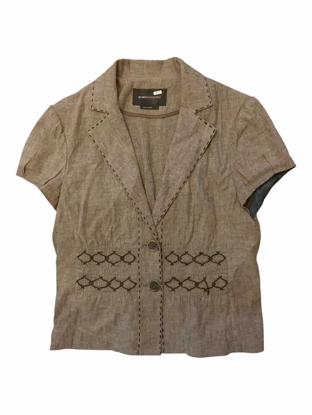BCBGMaxAzria Y2K Taupe Linen-Blend Short Sleeve Blazer with Embroidered Detail